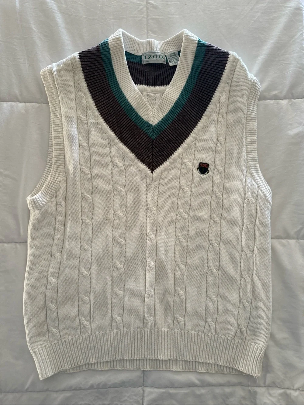 Izod Cream Cable-Knit V-Neck Sweater Vest with Brown & Teal Trim - Picture 1 of 3